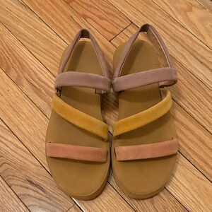 Madewell Three-Strip Suede Flat Sandals in Mauve, Mustard, and Peach